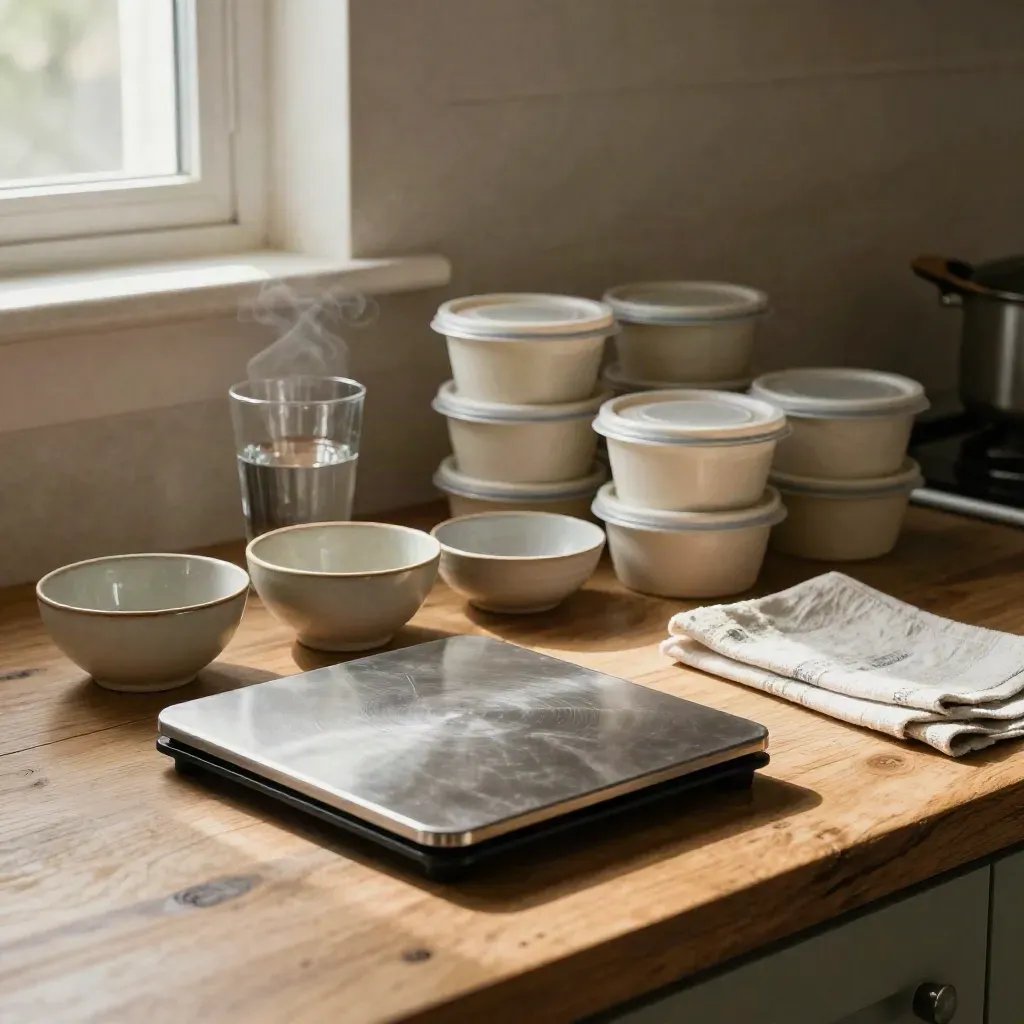 Keukenweegschaal met bakjes, waterglas en portiecontainers in warm daglicht.