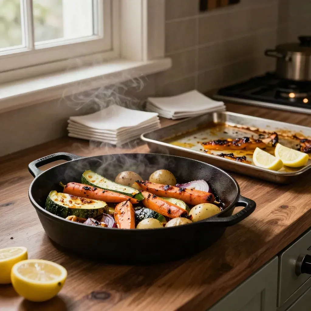 Gietijzeren pan met geroosterde groenten, citroen en servetten op een warm keukenblad.