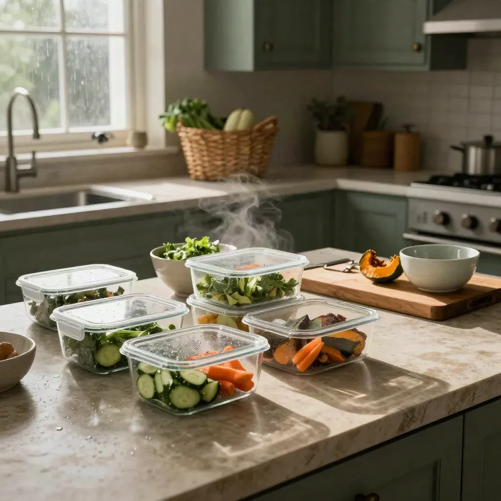 Luxe thuiskeuken met meal-prep bakjes, groenten, boodschappenmand en lunchboxen in dramatisch licht.