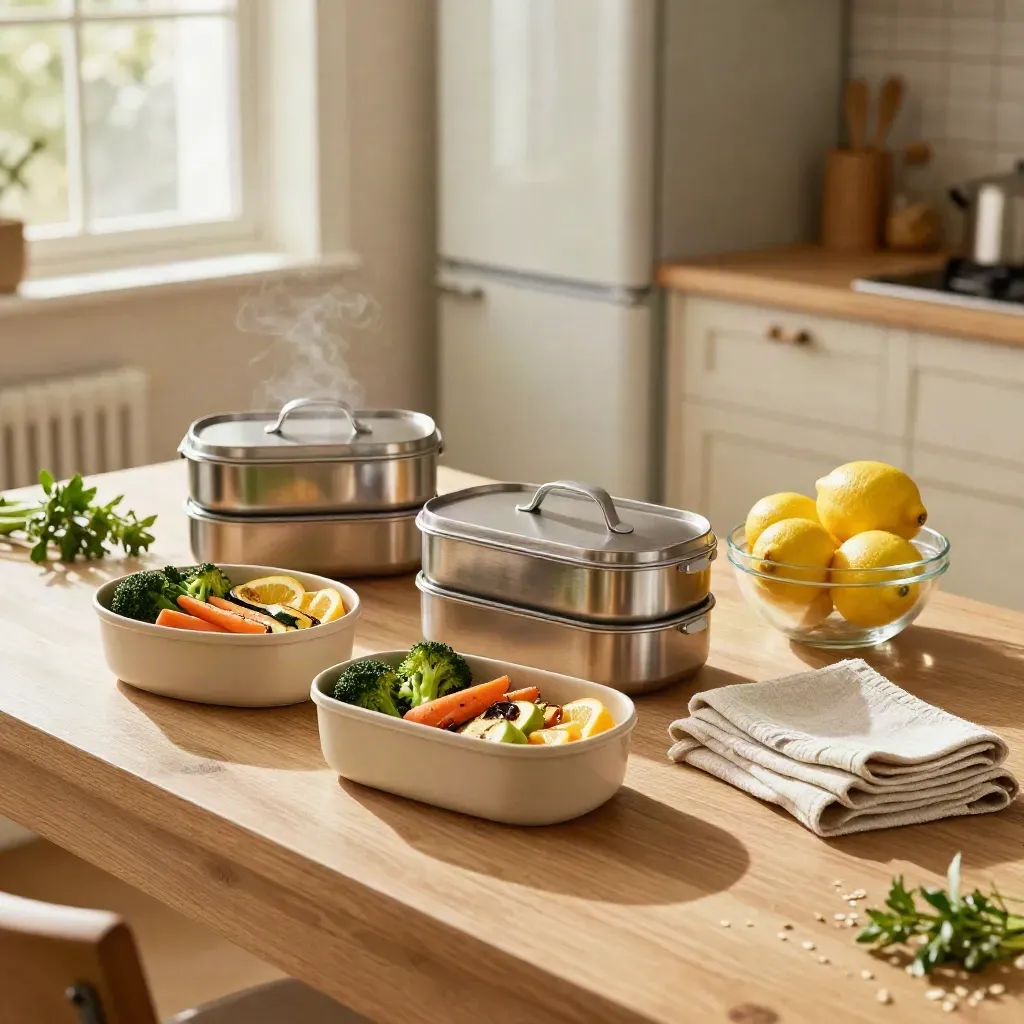 Thuiskeuken met bento-boxen, ovenschaal met porties en verse groenten in warm avondlicht.
