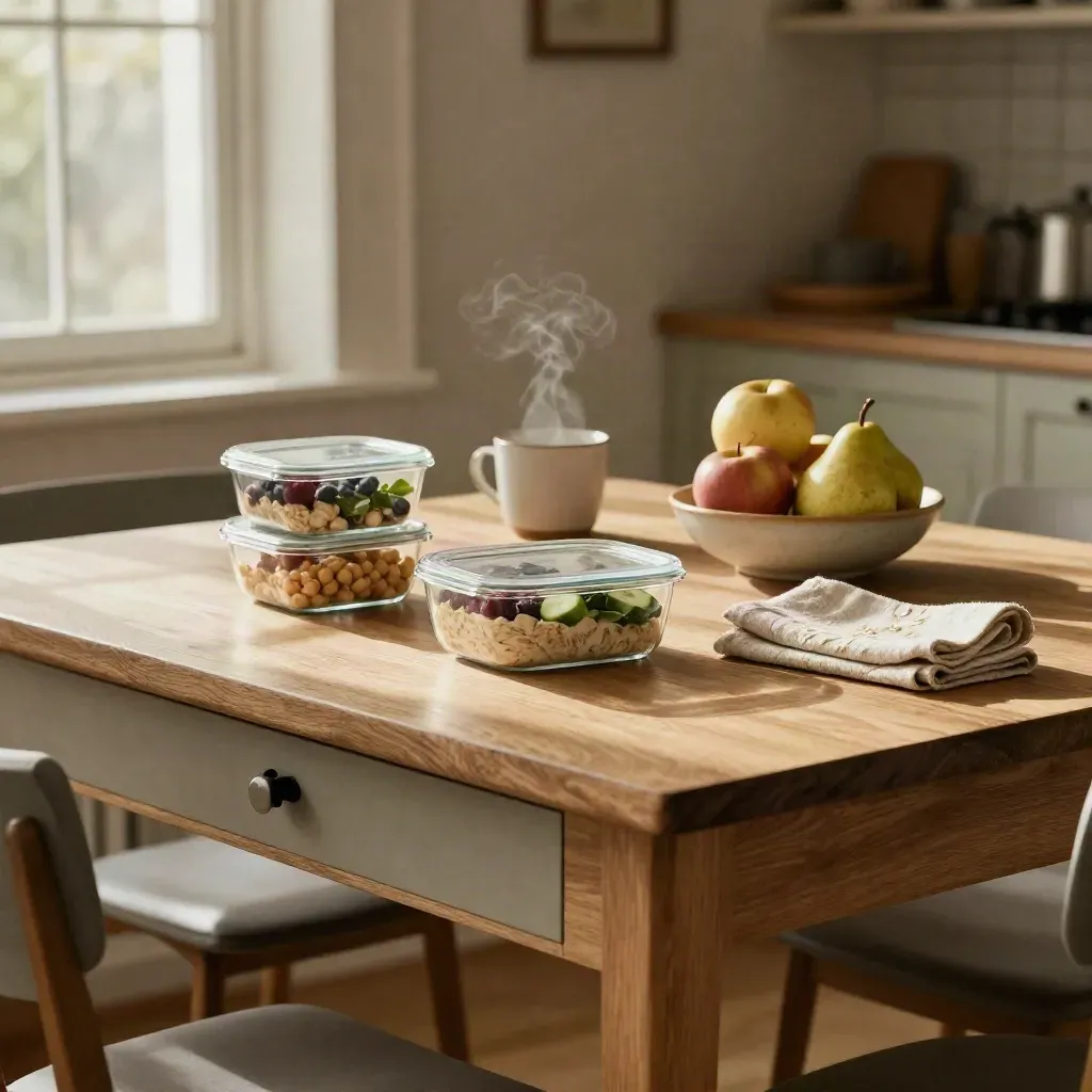 Keukentafel met maaltijdcontainers, fruitkom en gesloten snacklade in warm ochtendlicht.