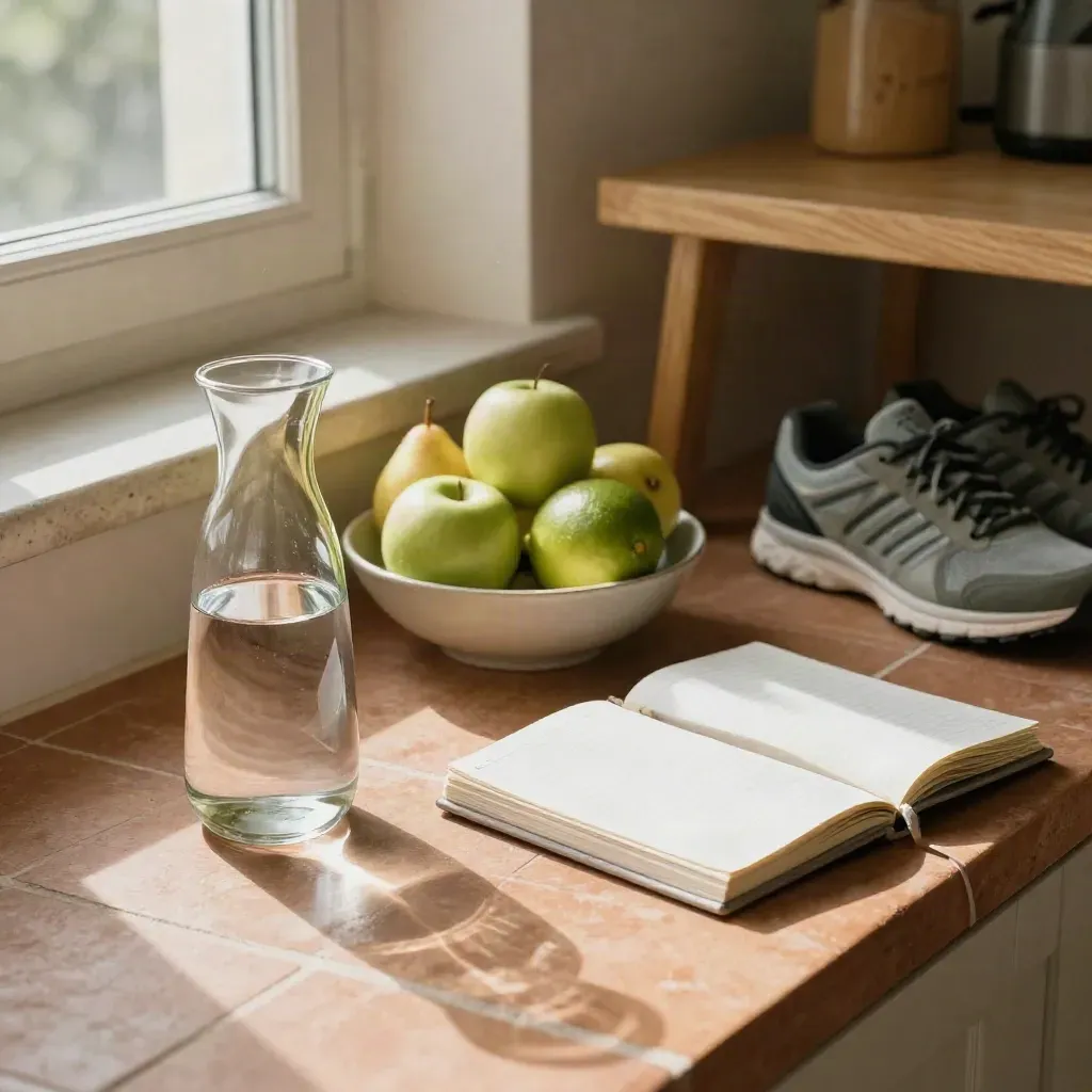 Wekelijkse ochtendopstelling met waterkaraf, fruit, gesloten planner en wandelschoenen in warm licht.