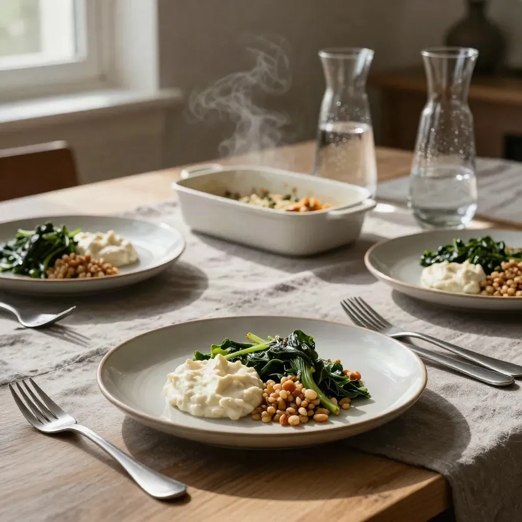 Gereed gezinsdiner met vier borden, ovenschaal en waterkaraf op een neutrale eettafel.