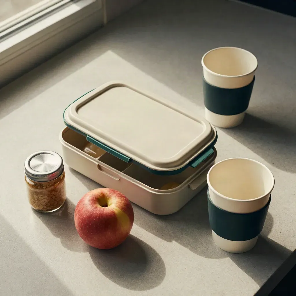 Van boven: lunchbox, appel, notenpotje en beker op een grijze werkplek.