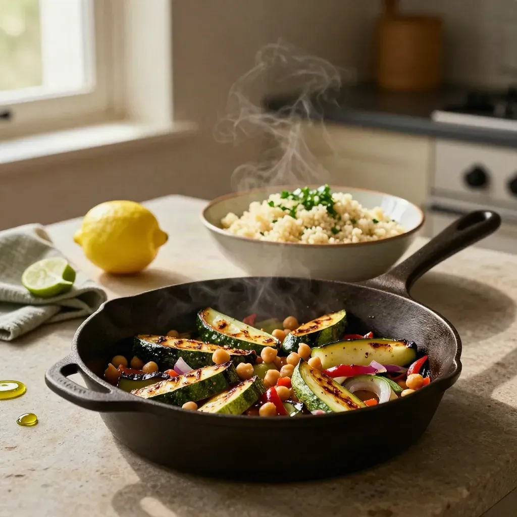 Pan met geroosterde groenten, couscous en citroen op een stenen aanrecht in warm licht.