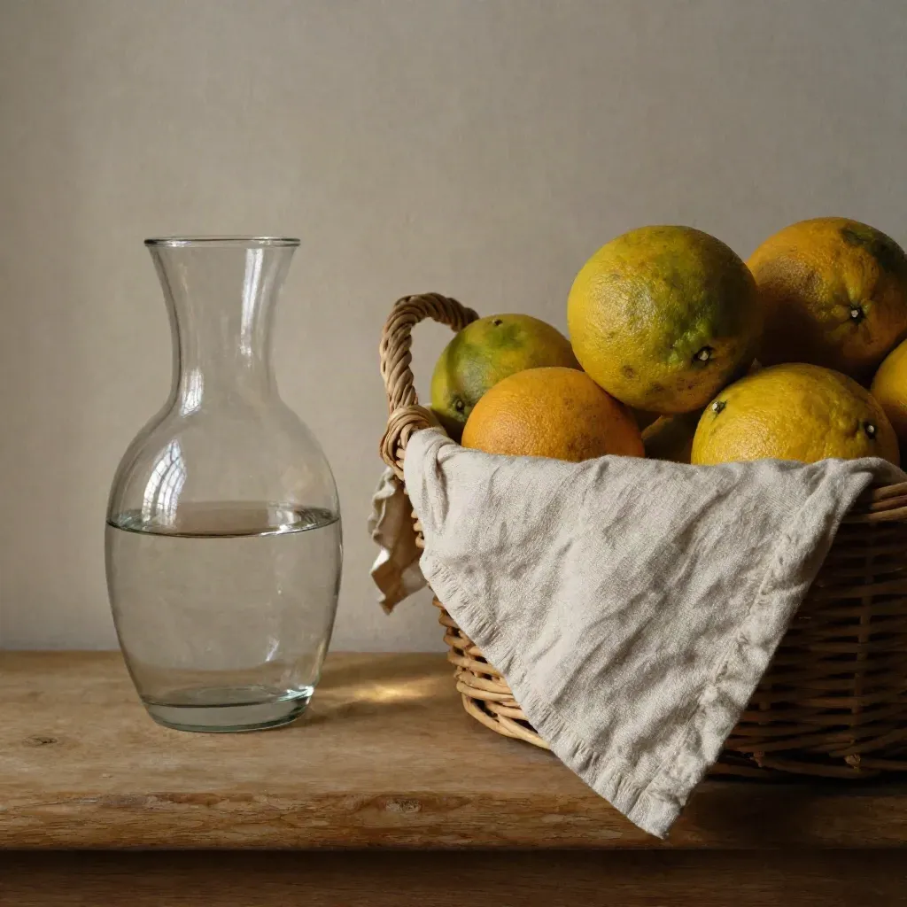 Rieten mand met citrus, linnen doek en glazen karaf in warm licht