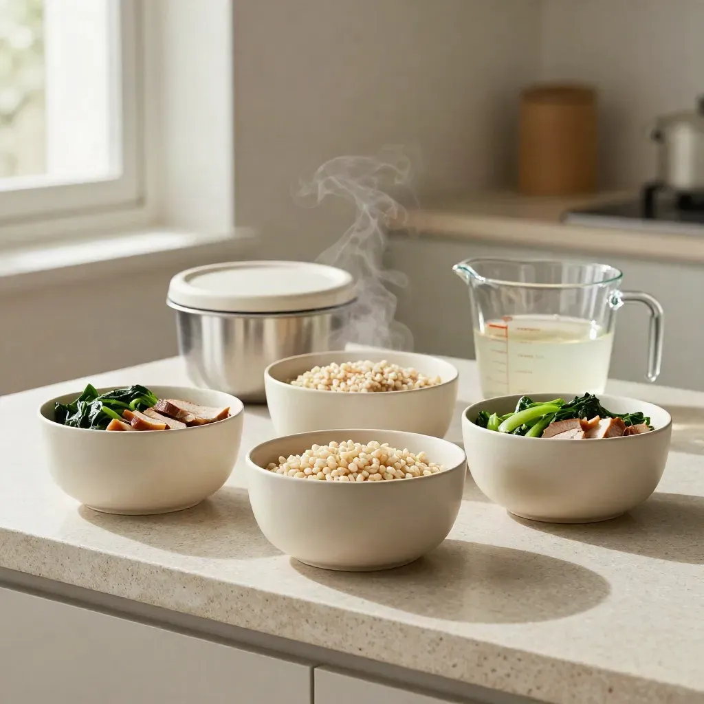 Portion bowls, lunchcontainer en maatbeker op een stenen plank in zachte keukenlicht.