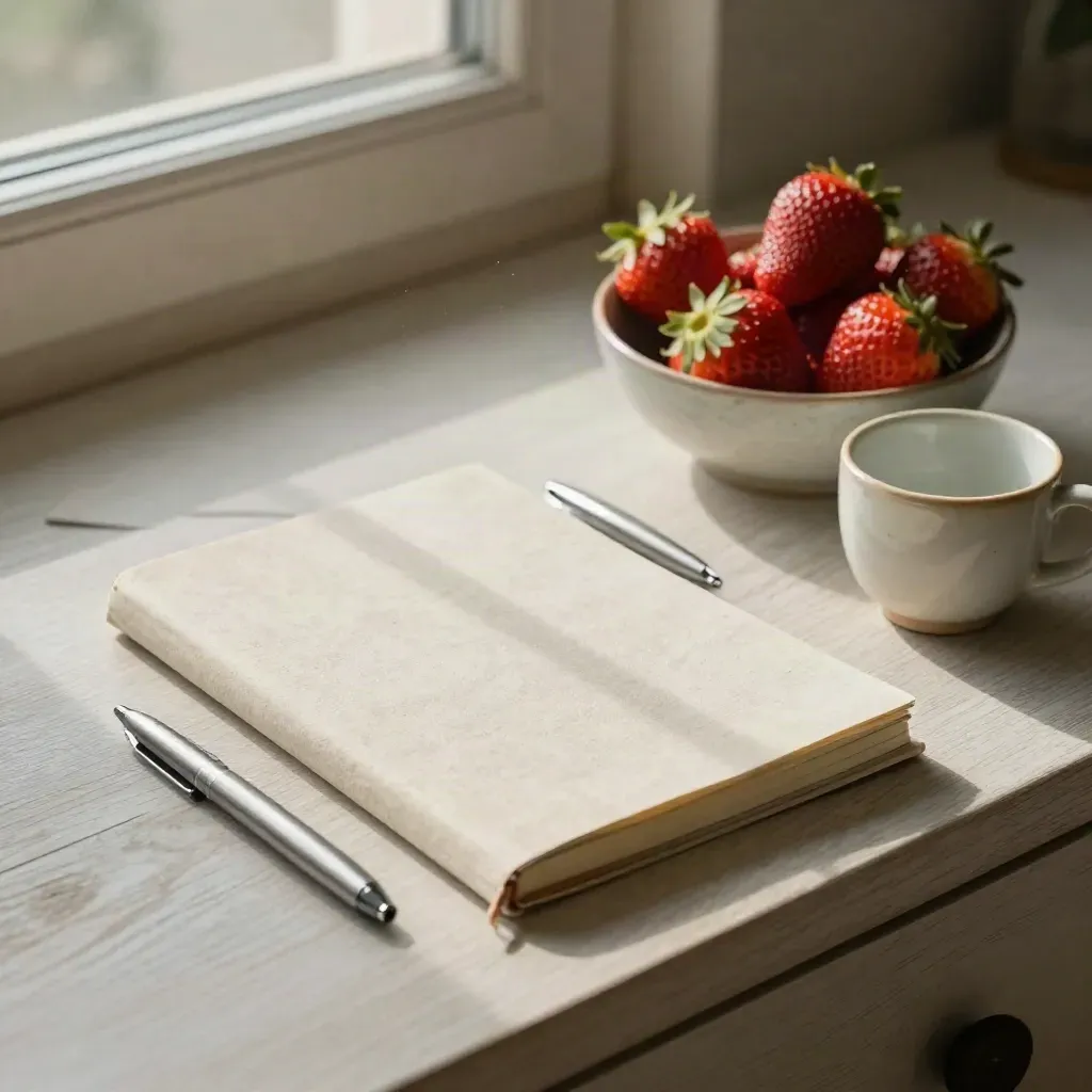 Gesloten notitieboek, pen, aardbeien en lege kop op licht houten bureau, diagonaal van boven.
