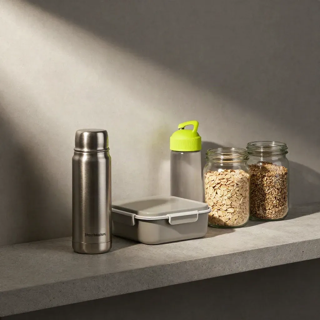 Thermos, lunchbox, waterfles en glazen potten op een stenen plank met zacht licht.