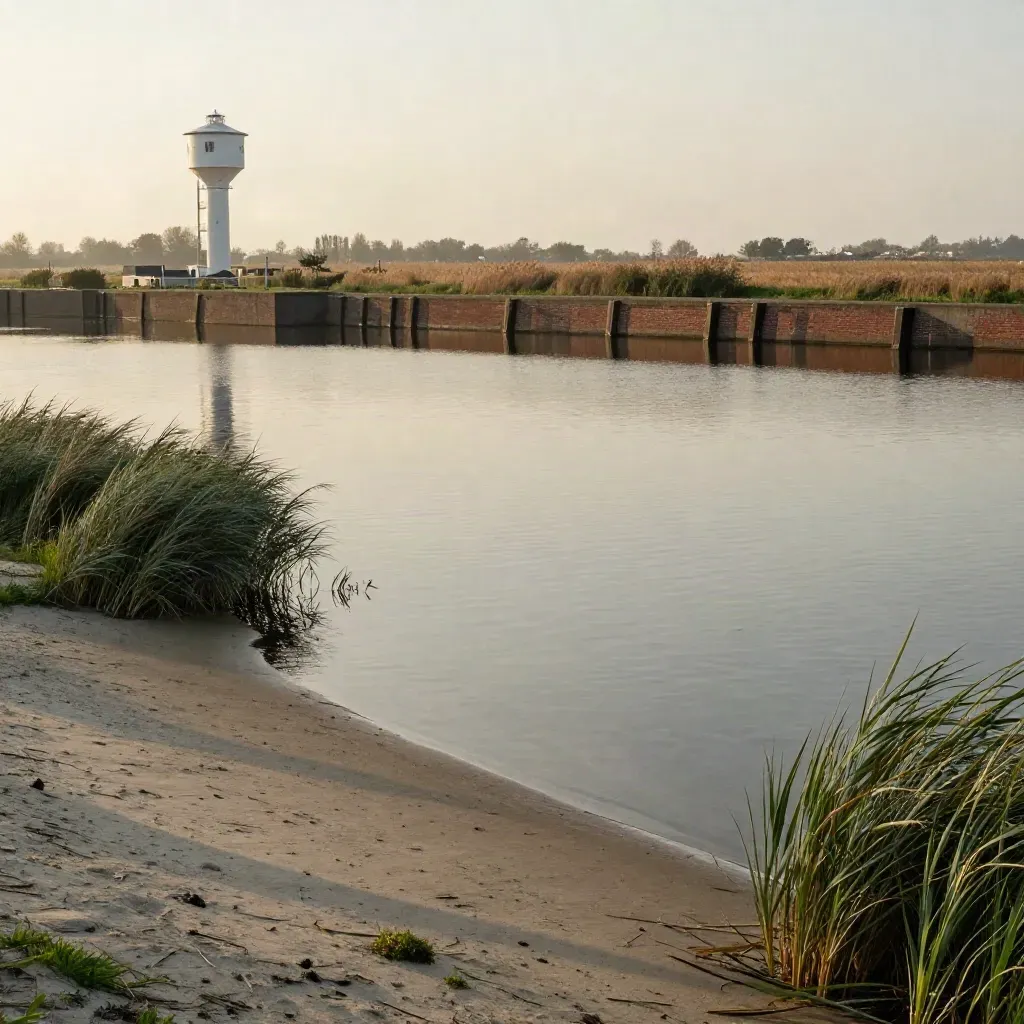 Witte watertoren boven polder en water in gouden avondlicht, gezien vanaf een dijk.