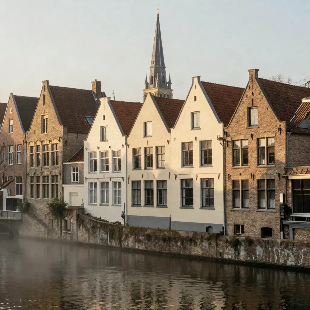 Haarlemse gevels en een kerktoren boven rustig kanaalwater in warme namiddaglicht.