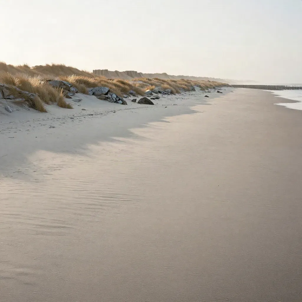 Pale duinen en een verre dijk in ochtendmist boven een rustig zandstrand.